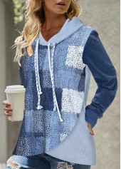 Patchwork Asymmetry Denim Blue Long Sleeve Hoodie