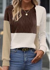Long Sleeve Patchwork Dark Coffee Round Neck Sweatshirt
