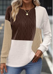 Long Sleeve Patchwork Dark Coffee Round Neck Sweatshirt