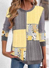 Geometric Print Patchwork Grey Round Neck Long Sleeve Sweatshirt