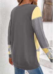 Geometric Print Patchwork Grey Round Neck Long Sleeve Sweatshirt