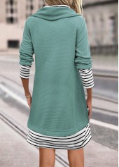 Striped Patchwork Sage Green Cowl Neck Shift Dress