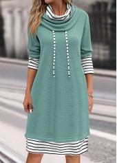 Striped Patchwork Sage Green Cowl Neck Shift Dress