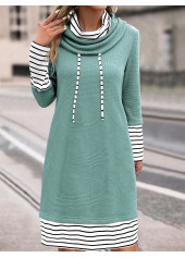 Striped Patchwork Sage Green Cowl Neck Shift Dress