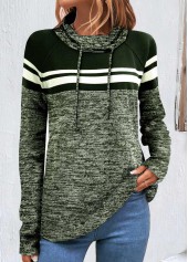 Striped Patchwork Blackish Green Cowl Neck Long Sleeve Sweatshirt
