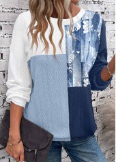 Patchwork Dusty Blue Round Neck Long Sleeve Sweatshirt