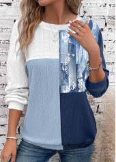 Patchwork Dusty Blue Round Neck Long Sleeve Sweatshirt