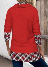Plaid Patchwork Red Cowl Neck Long Sleeve Sweatshirt