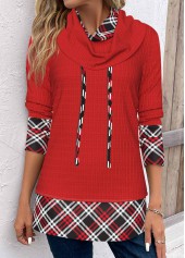 Plaid Patchwork Red Cowl Neck Long Sleeve Sweatshirt