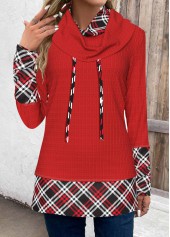 Plaid Patchwork Red Cowl Neck Long Sleeve Sweatshirt