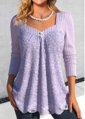Long Sleeve Lace Light Purple Heart Collar T Shirt