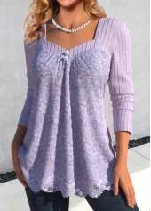 Long Sleeve Lace Light Purple Heart Collar T Shirt