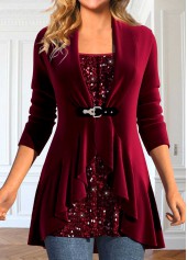 Sequin Wine Red Long Sleeve Fake Two Piece Twinset