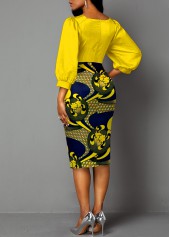 Tribal Print Patchwork Yellow Bodycon Neck Round Dress
