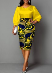Tribal Print Patchwork Yellow Bodycon Neck Round Dress