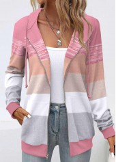 Plus Size Pink Pocket Geometric Print Long Sleeve Hoodie