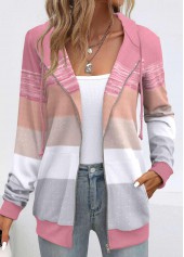Plus Size Pink Pocket Geometric Print Long Sleeve Hoodie