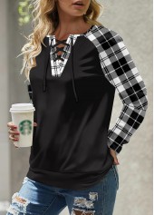 Plaid Lace Up Black Round Neck Long Sleeve Sweatshirt