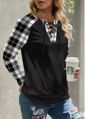 Plaid Lace Up Black Round Neck Long Sleeve Sweatshirt