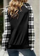 Plaid Lace Up Black Round Neck Long Sleeve Sweatshirt