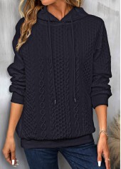 Drawstring Navy Long Sleeve Patchwork Hoodie