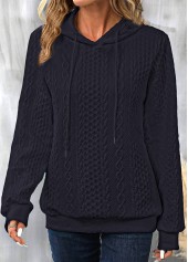 Drawstring Navy Long Sleeve Patchwork Hoodie