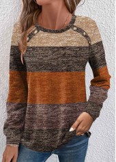 Striped Button Dark Camel Long Sleeve T Shirt