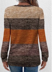 Striped Button Dark Camel Long Sleeve T Shirt