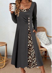 Leopard Asymmetry Dark Grey A Line Long Sleeve Dress