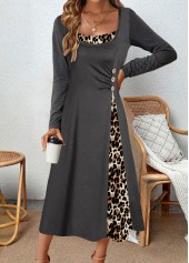 Leopard Asymmetry Dark Grey A Line Long Sleeve Dress