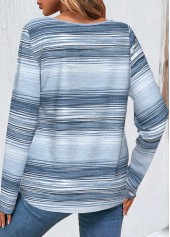 Striped Button Blue Long Sleeve Round Neck T Shirt