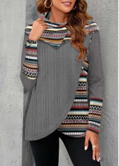 Tribal Print Patchwork Dark Grey Long Sleeve Sweatshirt