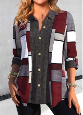 Plus Size Dark Grey Button Geometric Print Blouse