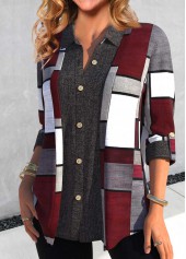 Plus Size Dark Grey Button Geometric Print Blouse