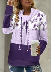 Floral Print Patchwork Light Purple Long Sleeve Sweatshirt