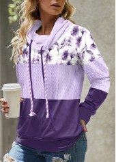 Floral Print Patchwork Light Purple Long Sleeve Sweatshirt