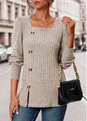 Beige Square Neck Long Sleeve Button T Shirt