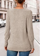 Beige Square Neck Long Sleeve Button T Shirt