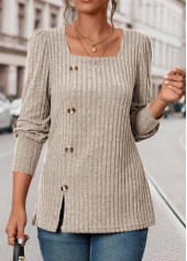 Beige Square Neck Long Sleeve Button T Shirt