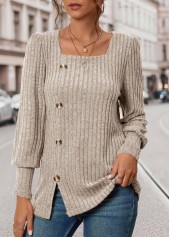 Beige Square Neck Long Sleeve Button T Shirt