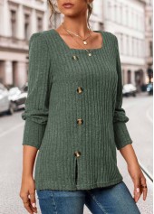Olive Green Square Neck Long Sleeve Button T Shirt