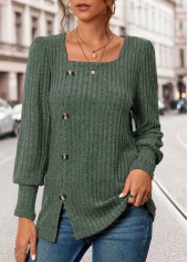 Olive Green Square Neck Long Sleeve Button T Shirt