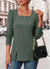 Olive Green Square Neck Long Sleeve Button T Shirt