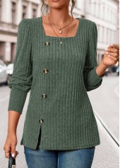 Olive Green Square Neck Long Sleeve Button T Shirt
