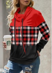 Plaid Patchwork Red Long Sleeve Cowl Neck Sweatshirt