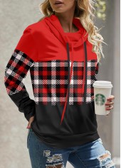Plaid Patchwork Red Long Sleeve Cowl Neck Sweatshirt
