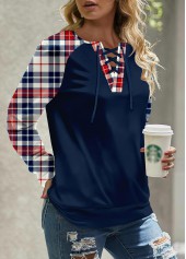 Plaid Patchwork Navy Round Neck Long Sleeve Sweatshirt