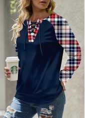 Plaid Patchwork Navy Round Neck Long Sleeve Sweatshirt