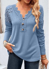 Plus Size Dusty Blue Lace Long Sleeve T Shirt