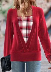 Plaid Fake 2in1 Red Long Sleeve Square Neck Sweatshirt